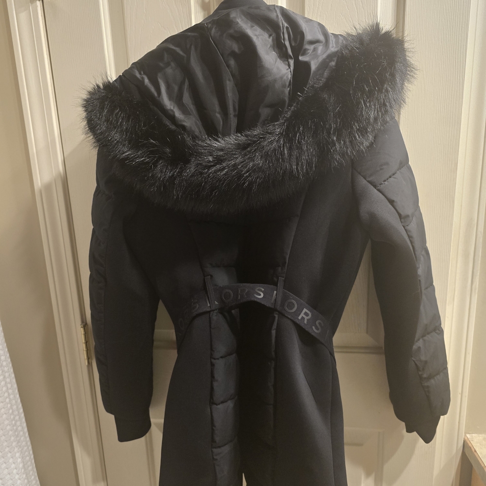 MICHAEL Michael Kors Black Hooded Coat with Fur Trim